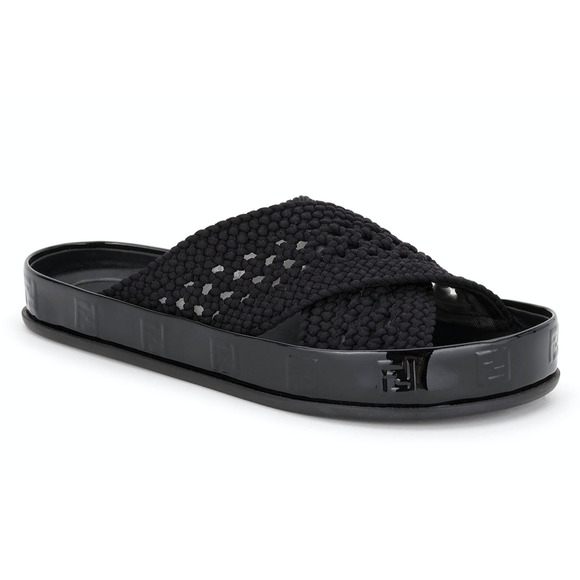 Fendi Black Criss Cross Woven Logo Mule Slide Slip On Flat Flip Flop Sandal 36.5 - Picture 2 of 12